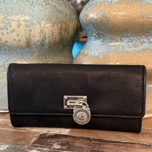 Michael Kors Black Leather Hamilton Wallet with Signature MK Charm